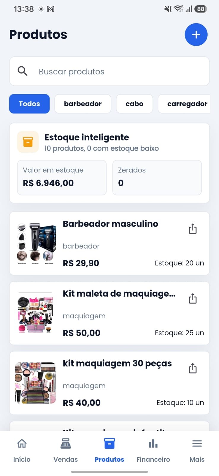 Tela de produtos e catálogo online do Meu Balcão